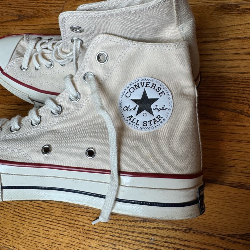 Converse All Star High Tops in Cream with Red and Black Accents